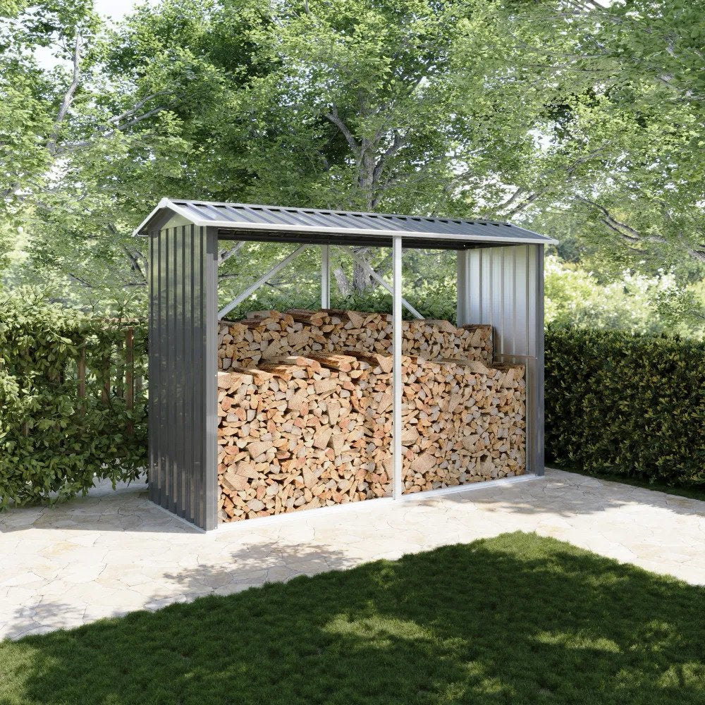 Legnaia da esterno in acciaio zincato nero 238x87x160cm con tetto spiovente
