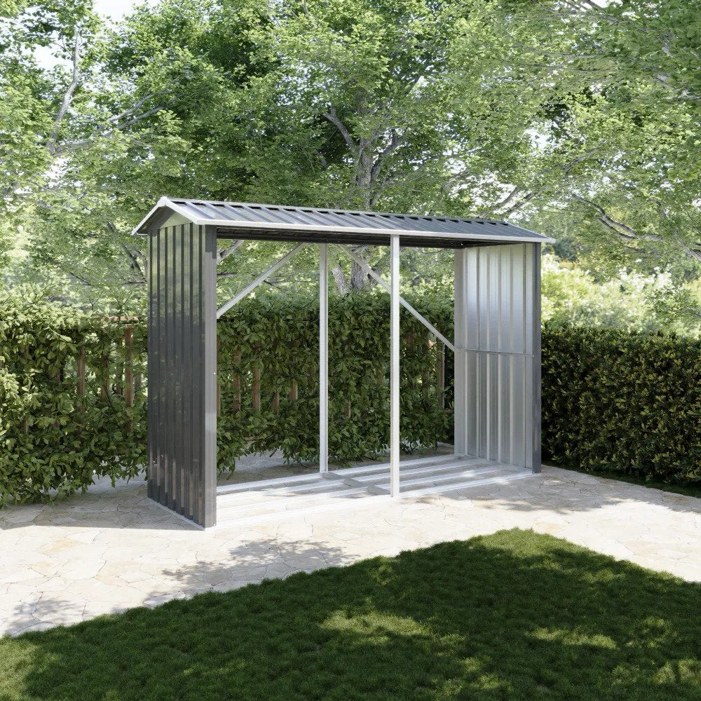 Legnaia da esterno in acciaio zincato nero 238x87x160cm con tetto spiovente